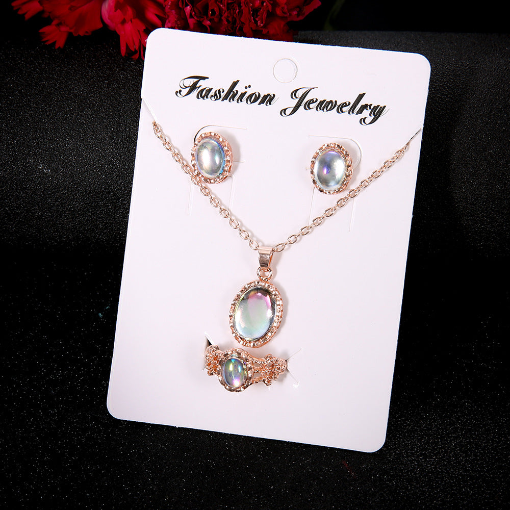 Parure de bijoux tendance avec pierres précieuses éblouissantes, style européen, et nouvel ensemble collier boucles d'oreilles bague