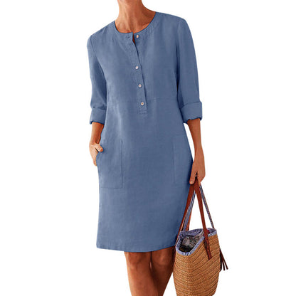 Robe longue à manches longues et col rond en coton et lin pour femmes grandes tailles