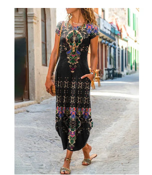 Vestido de cuello redondo, manga corta, con bolsillo y estampado a la moda