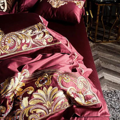 Embroidered Chinese cotton quilt cover set in burgundy with gold floral patterns by AdTec.