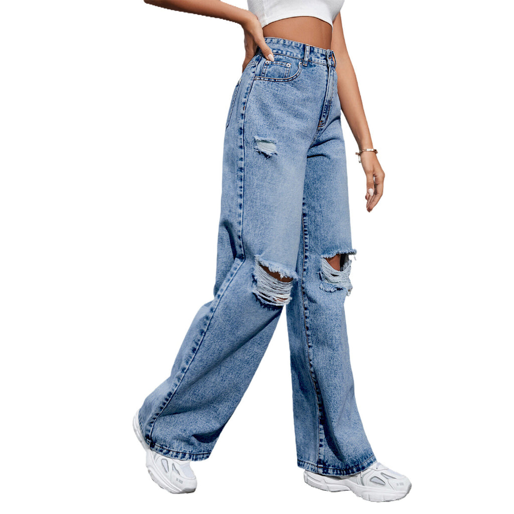 Pantalon en jean décontracté taille haute à trous pour femme