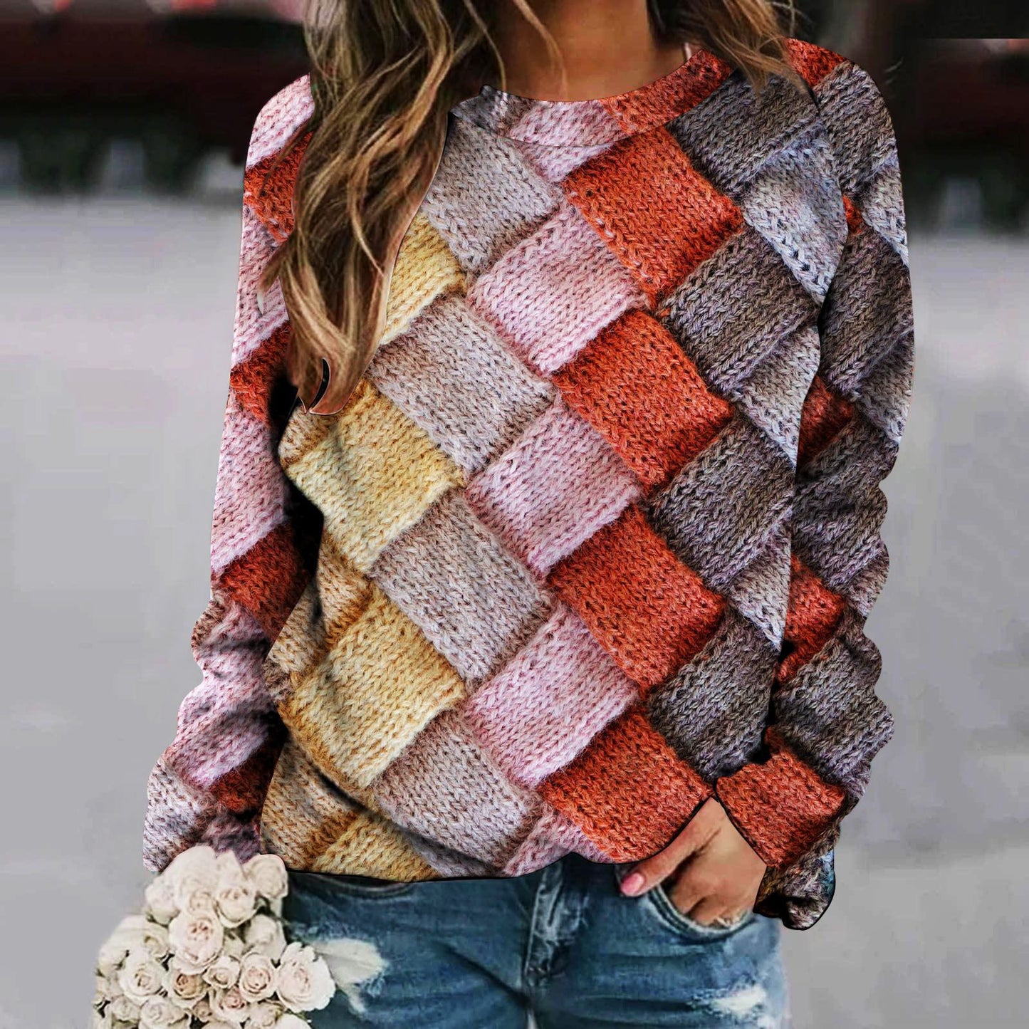 Pull femme à manches longues raglan, col rond et imprimé patchwork