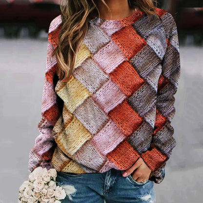 Pull femme à manches longues raglan, col rond et imprimé patchwork