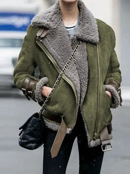 Jacket olive green plus-size shearling-lined coat with zip front and oversized collar
