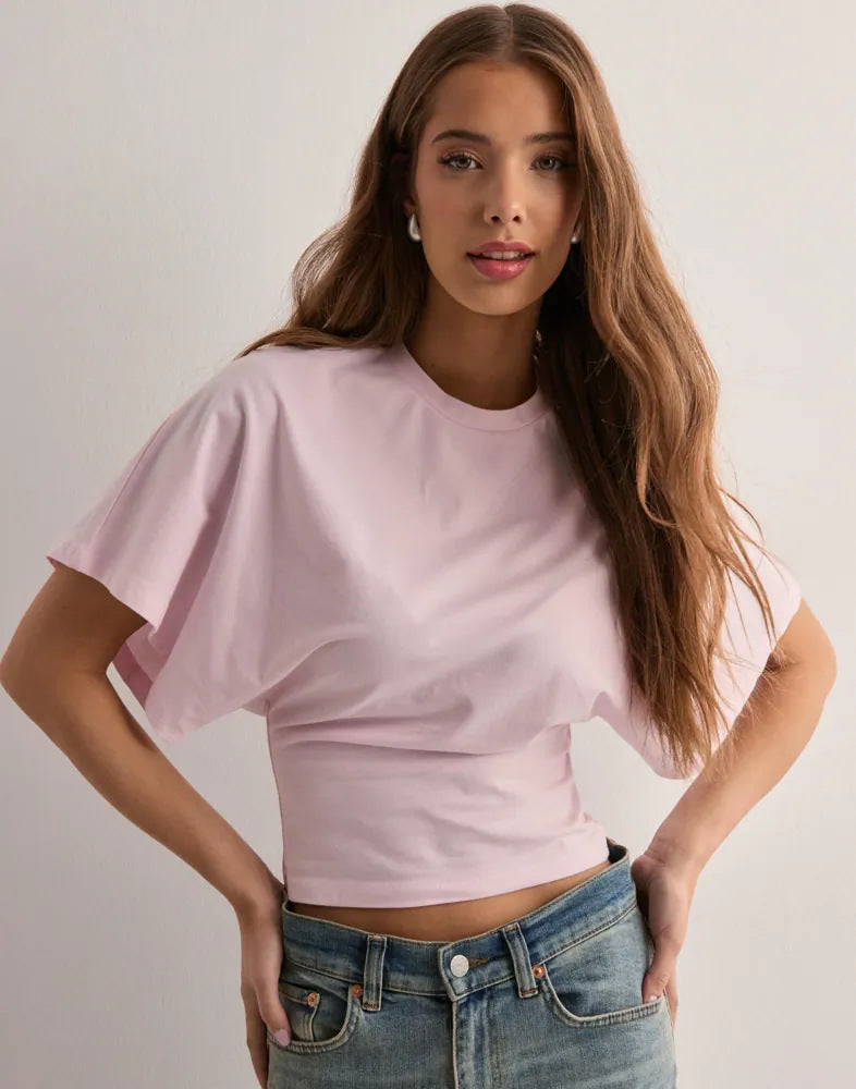 Camiseta de manga murciélago de verano con cuello redondo a la moda, top de manga corta tipo jersey para ropa de mujer
