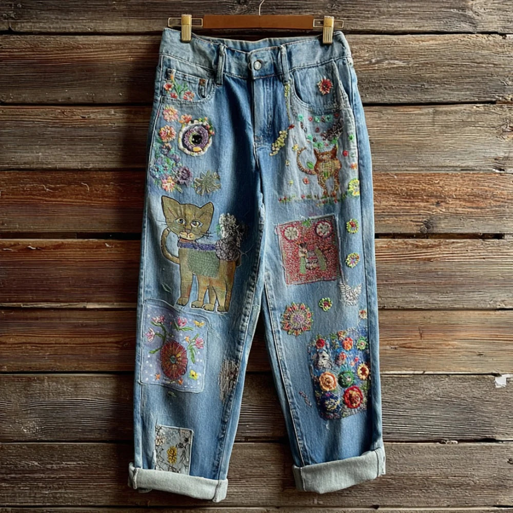 Nuevos pantalones vaqueros acampanados con estampado 3D por transferencia de calor en denim sintético