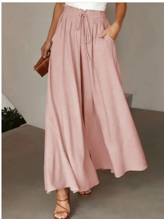 Pantalon long taille haute et large pour femme avec ceinture élastique