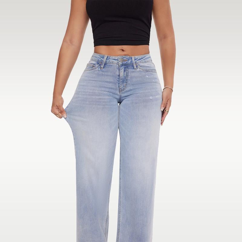 Jeans de mezclilla rectos de pierna ancha, de tiro medio a bajo, alta elasticidad, suaves y levanta glúteos