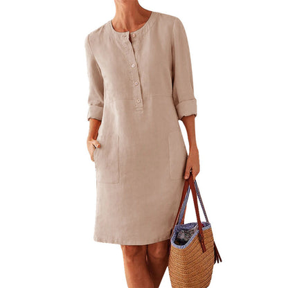 Robe longue à manches longues et col rond en coton et lin pour femmes grandes tailles