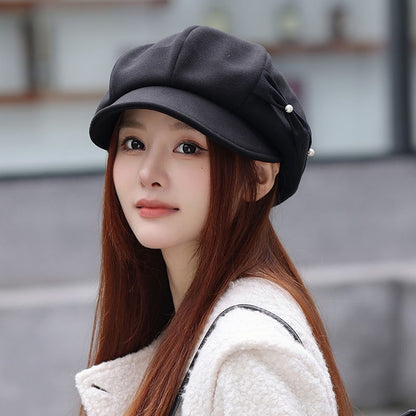 Béret Tendance avec Nœud de Perles de Mode Amincissant le Visage