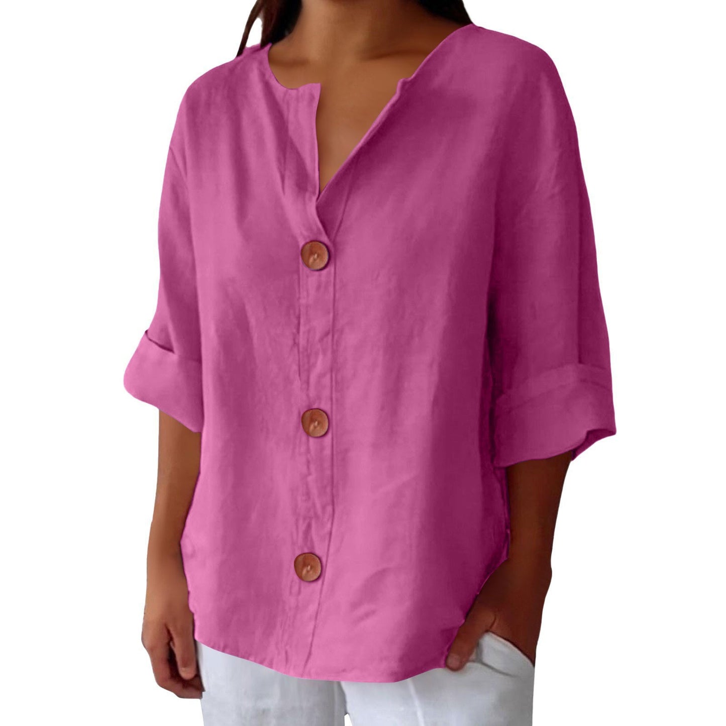 Chemisier boutonné femme en coton et lin col en V