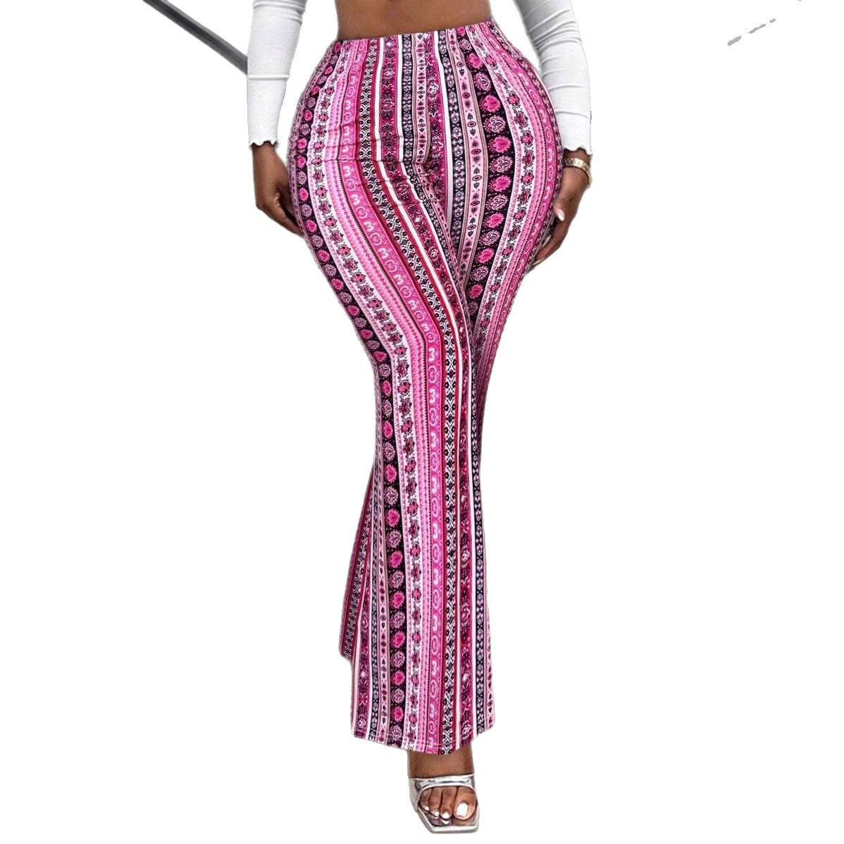 Pantalon évasé à rayures imprimées de style ethnique multicolore pour femme, taille haute, coupe ajustée et polyvalent