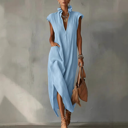Robe unie sans manches en coton et lin pour femme