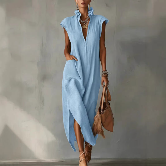 Vestido sin mangas de color liso de algodón y lino para mujer