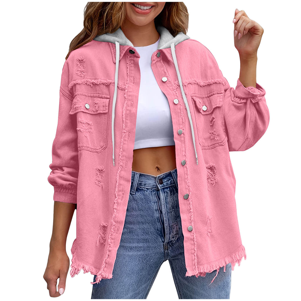 Veste en jean ample à capuche unie pour femme