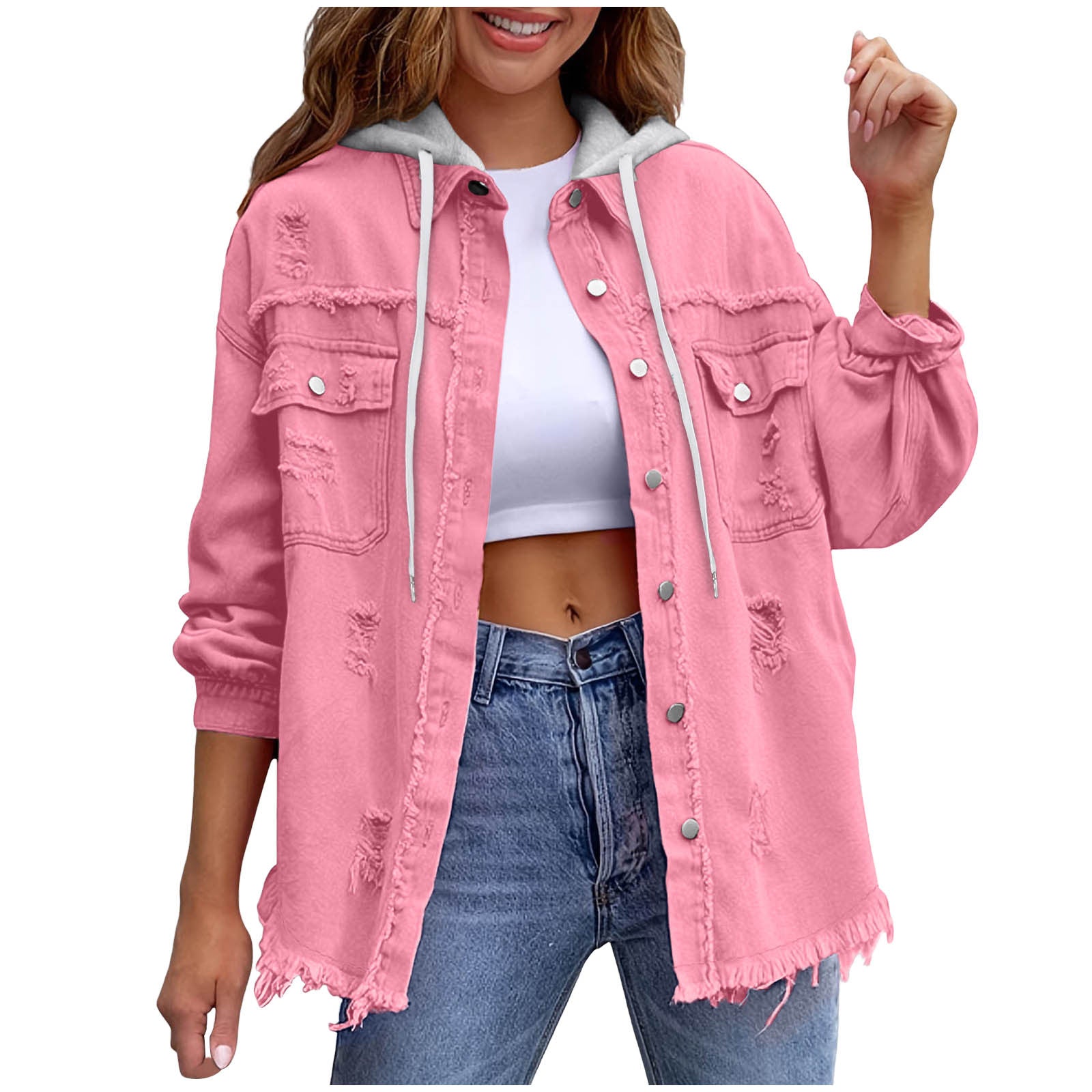 Chaqueta vaquera con capucha holgada de color liso para mujer