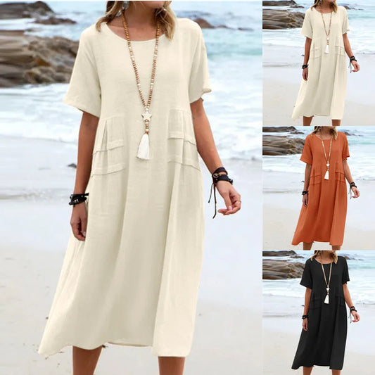 Robe midi ample décontractée d'été pour femmes, en coton et lin respirant, à manches courtes, mi-longue, robe de plage simple pour femmes