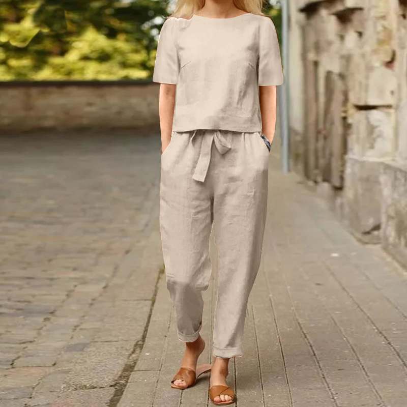 Ensemble pantalon large en coton et lin pour femme
