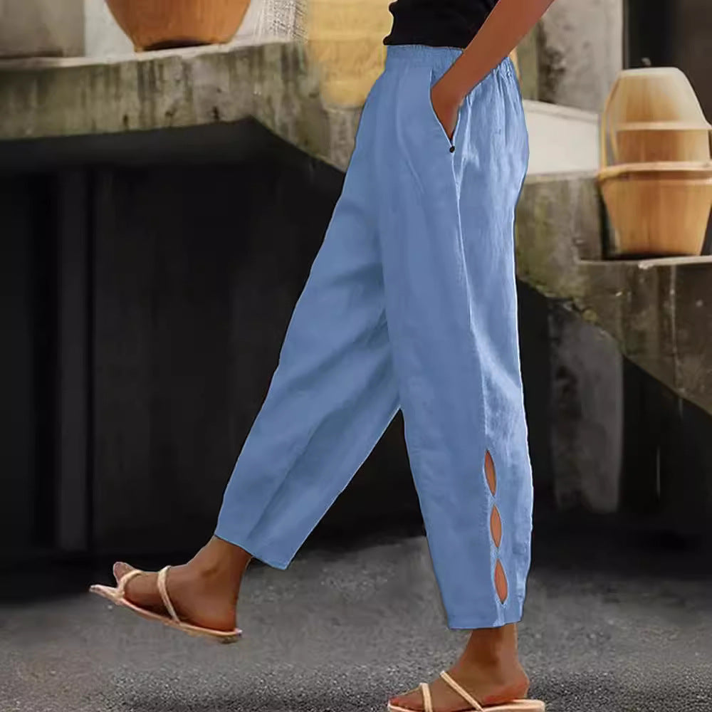 Pantalon d'été pour femme, détails creux à la cheville, avec boutons à l'ourlet