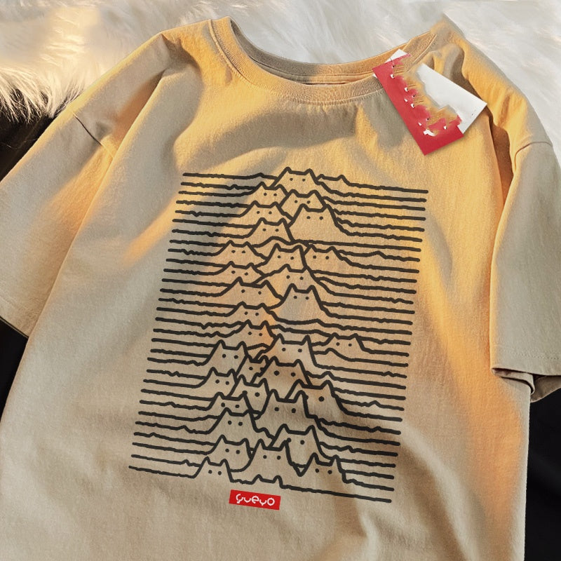 Camiseta de manga corta de algodón puro con estampado de gato de montaña, estilo casual y veraniego