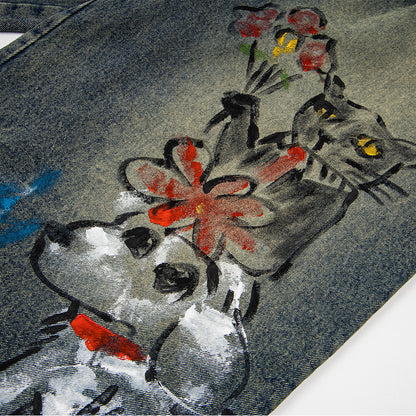 Dog graffiti cartoon straight leg denim shorts