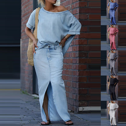 Ensemble jupe deux pièces tendance : haut ample à manches chauve-souris et manches courtes, jupe longue fendue cintrée, patchwork chic. Vêtements pour femmes