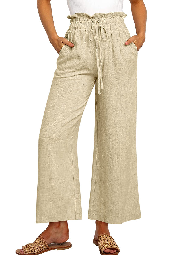 Pantalon large à taille élastique, lacets et coupe courte de couleur unie
