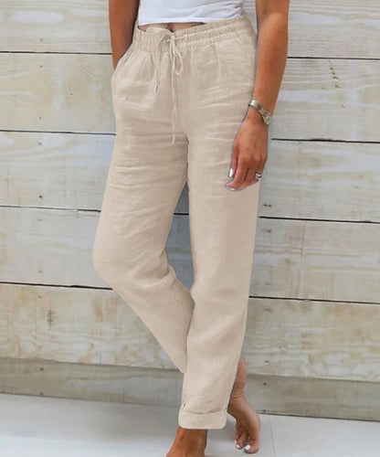 Pantalon élastique uni en coton et chanvre
