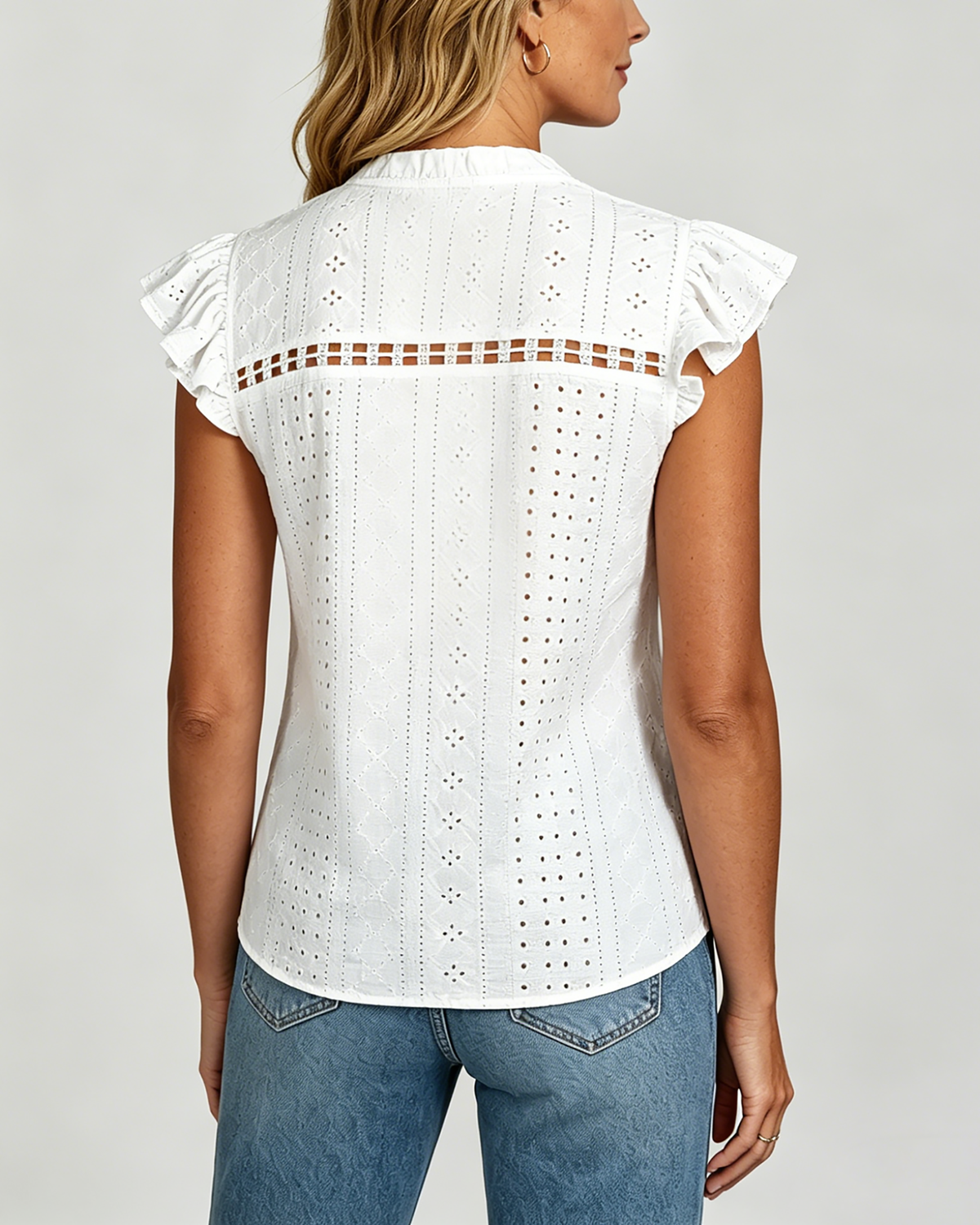 Top Elegante de Mujer con Cuello en V, Mangas Teñidas, Tejido Elástico de Encaje y Retazos