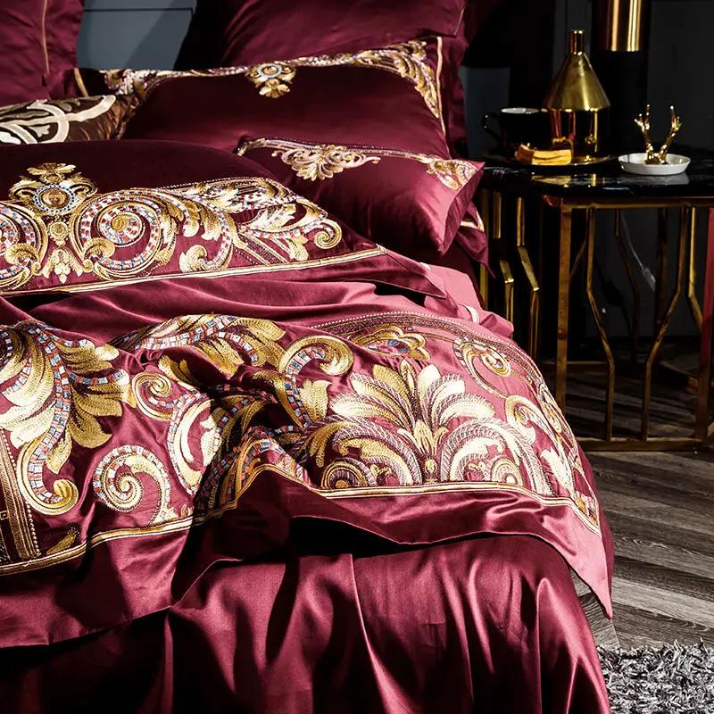 Embroidered Chinese cotton quilt cover bedding in burgundy with gold embroidery, AdTec.