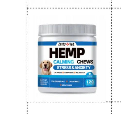 Hemp calming chews for dogs by Zesty Vet; blue-labeled jar, 120 chews, stress & anxiety relief