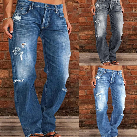 Pantalones vaqueros rotos de pernera ancha sueltos, pantalones de mezclilla de ocio para ir al trabajo, ropa de mujer