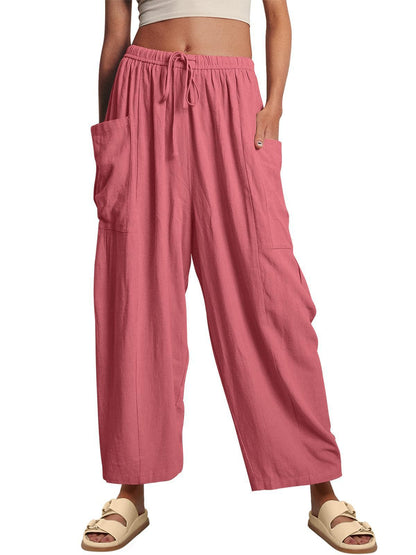 Striped Straight-leg Pants Elastic Waist Cropped Pleated Pants