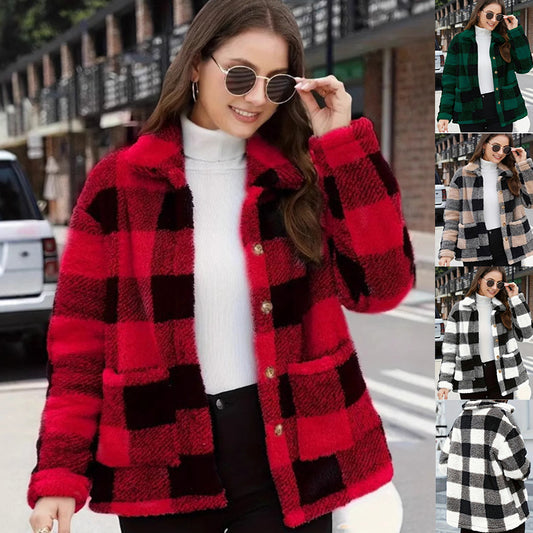 Chaqueta a cuadros con bloques de color, solapa de moda, bolsillos, abrigo de botonadura sencilla, ropa de primavera y otoño para mujer