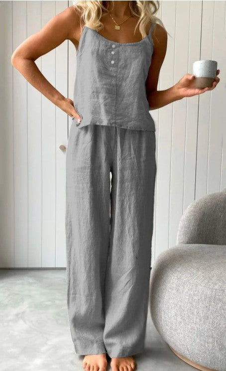 Ensemble de maison pantalon élastique et débardeur femme mode couleur unie