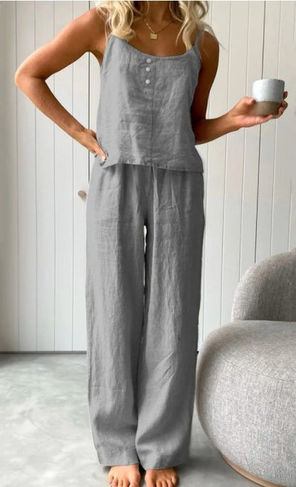 Ensemble de maison pantalon élastique et débardeur femme mode couleur unie