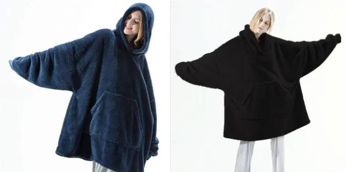 Hoodie blanket sweatshirt by AdTec, blue and black double-sided fleece with a large pocket, 2-item display.