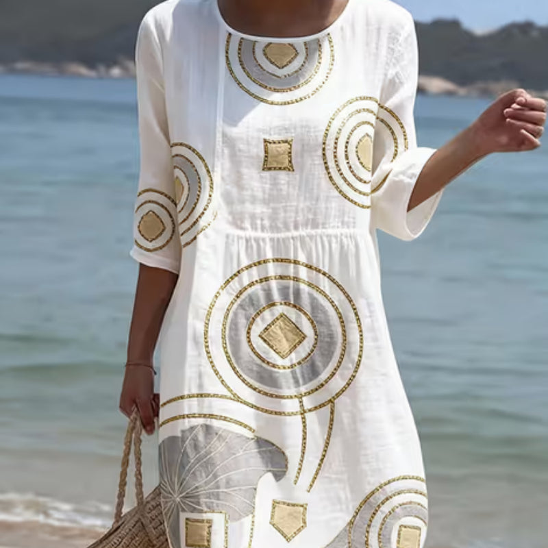 Robe décontractée en coton et lin imprimée à col rond et manches mi-longues pour femmes