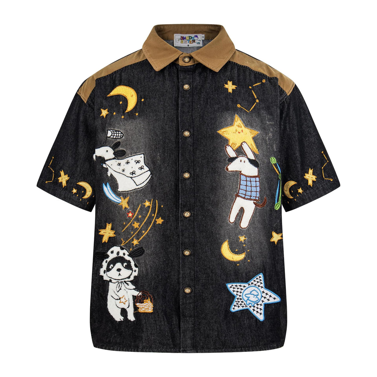 Dog embroidered denim short sleeved shirt