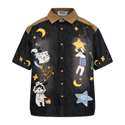 Dog embroidered denim short sleeved shirt