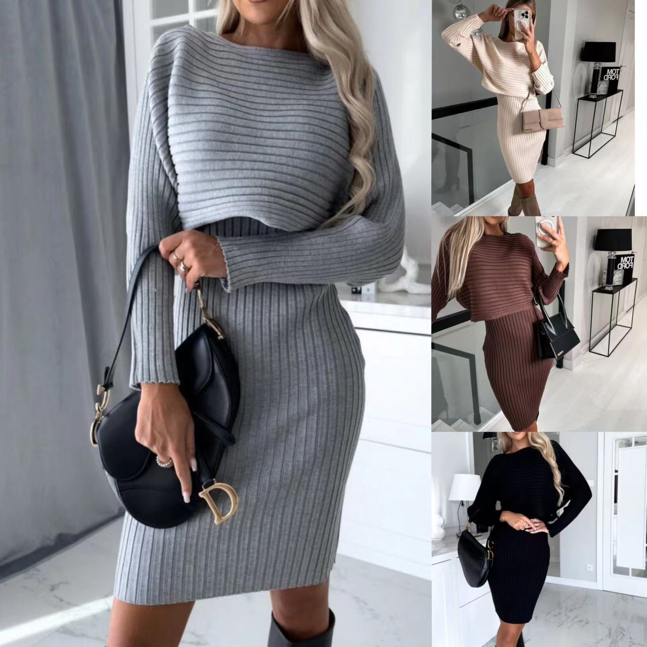 Ensemble deux pièces mode couleur unie jupe en laine