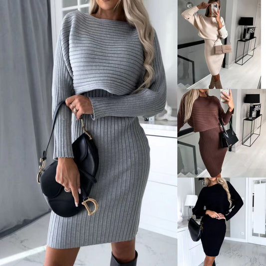 Ensemble deux pièces mode couleur unie jupe en laine