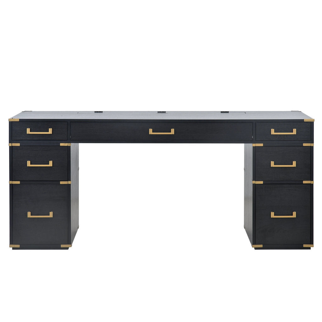 70 inch classic and traditional executive desk with metal trim, writing desk with 2 file drawers, USB ports, and sockets, black by eprolo
