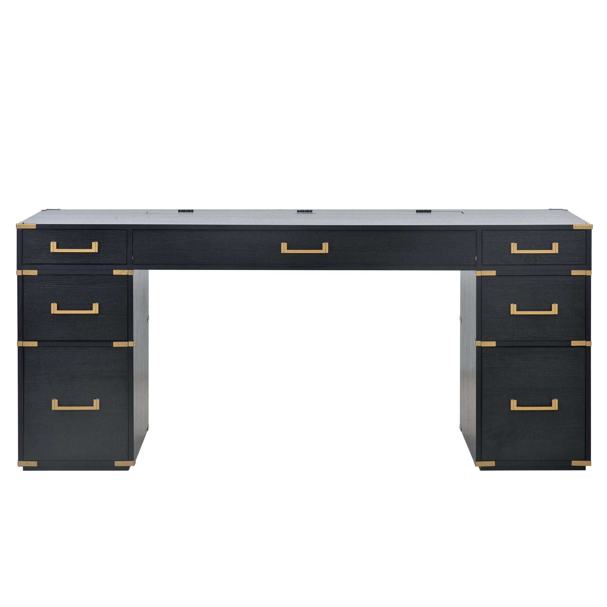 70 inch classic and traditional executive desk with metal trim, writing desk with 2 file drawers, USB ports, and sockets, black by eprolo