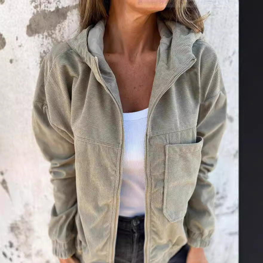 Chaqueta con capucha de pana lisa sencilla para mujer