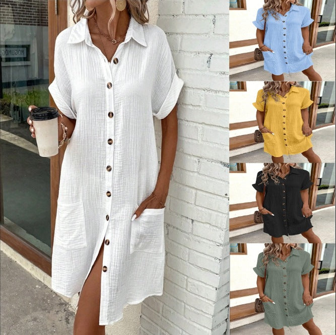 Robe d'été à manches courtes, mode unie, boutonnée, mi-longue, ample
