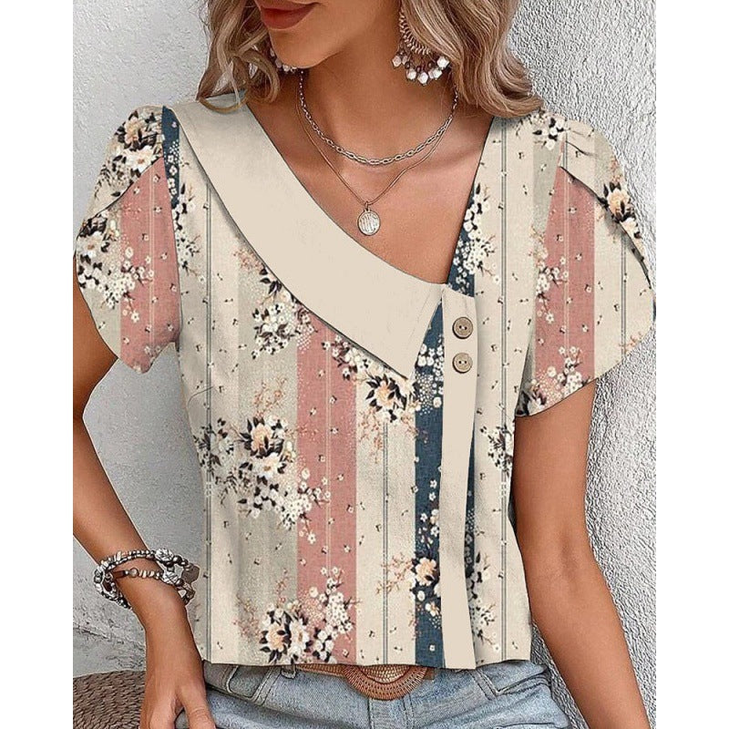 Camiseta de manga corta con cuello diagonal informal