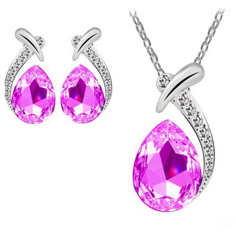 Crystal Necklace Water Drop Korean Style Clavicle Chain Earring Set