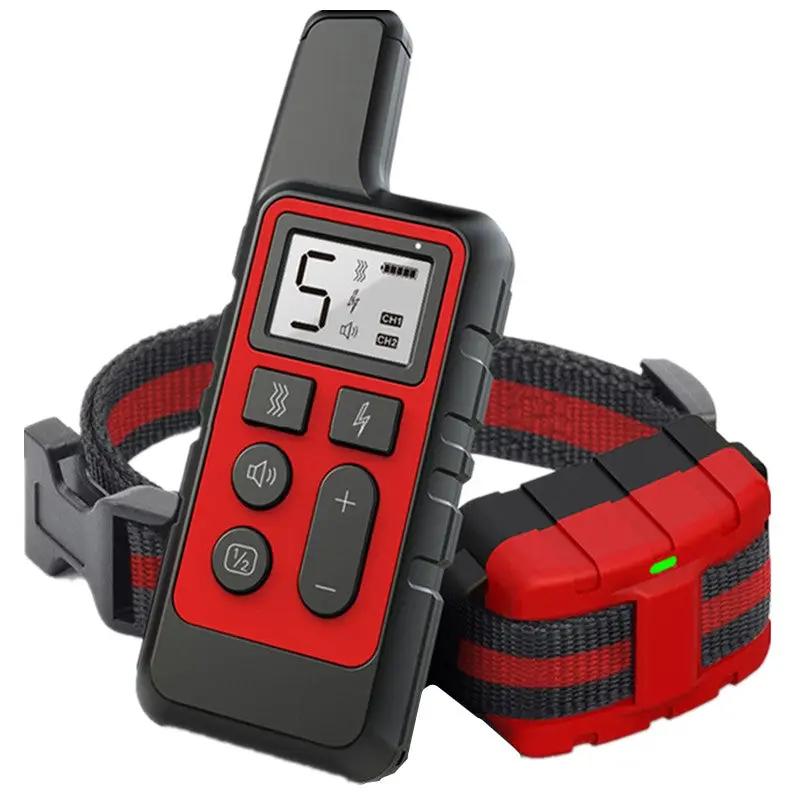 Barking device for dog training by AdTec: red handheld remote with display and collar strap