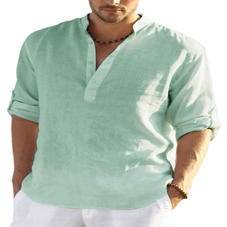 Camisa de manga larga de algodón y lino para hombre, color sólido, cuello levantado, holgada